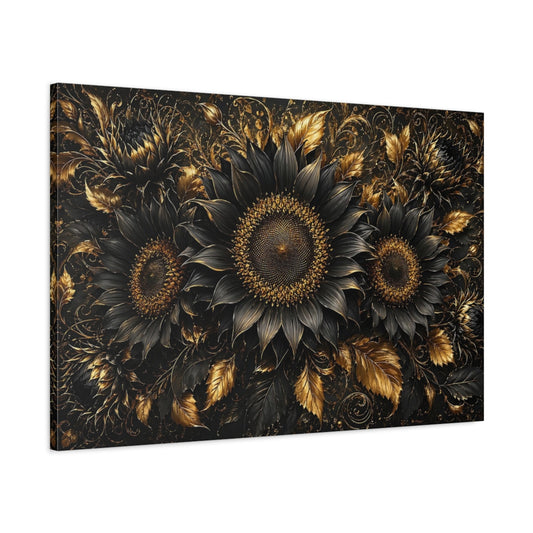 Main Mockup. Floral Sunflowers Black And Gold shown as stretched canvas wall art