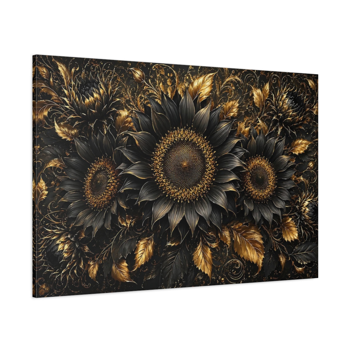 Side Mockup 1. Floral Sunflowers Black And Gold shown as stretched canvas wall art