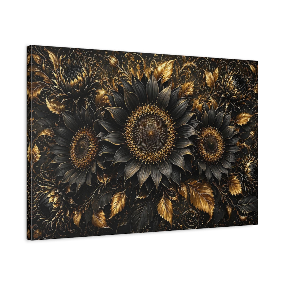 Side Mockup 2. Floral Sunflowers Black And Gold shown as stretched canvas wall art