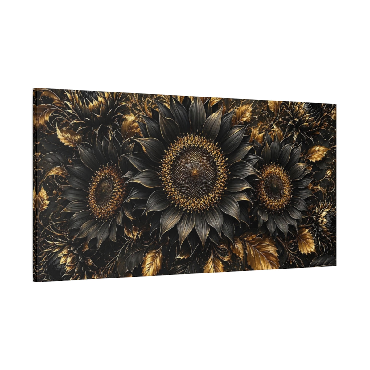 Side Mockup 2. Floral Sunflowers Black And Gold shown as stretched canvas wall art