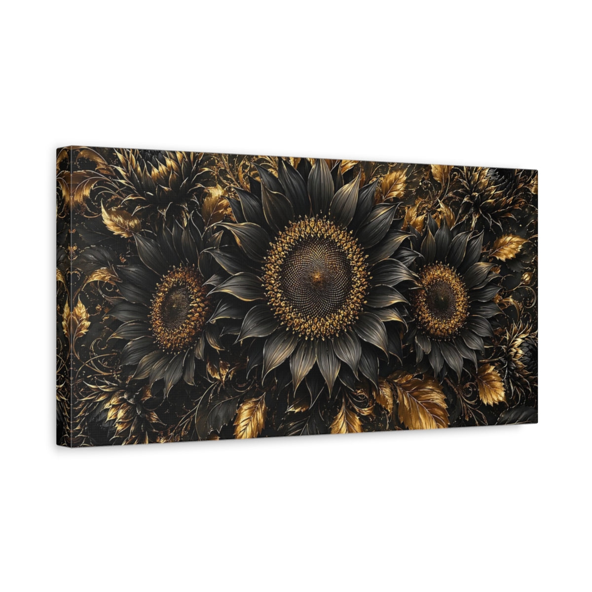 Side Mockup 3. Floral Sunflowers Black And Gold shown as stretched canvas wall art