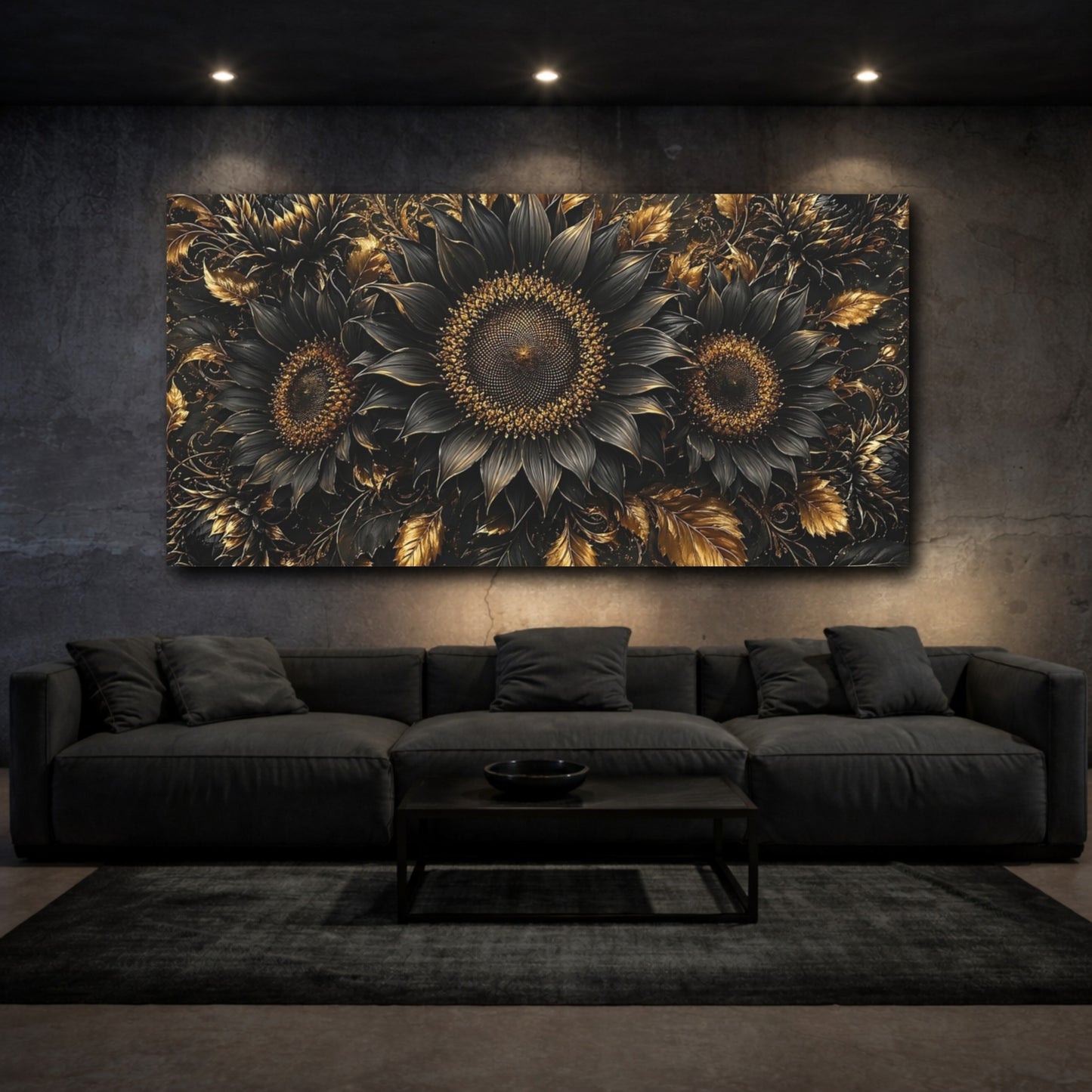 Mockup 2. Floral Sunflowers Black And Gold shown as stretched canvas wall art