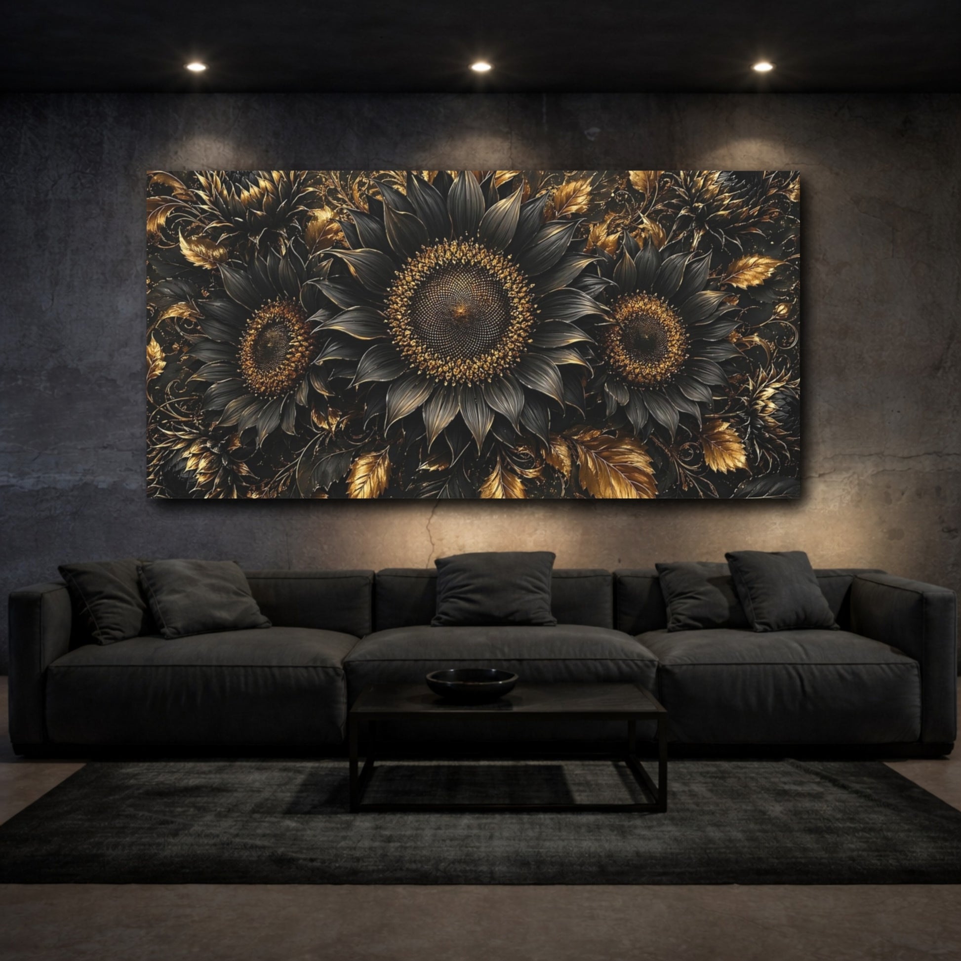 Mockup 2. Floral Sunflowers Black And Gold shown as stretched canvas wall art