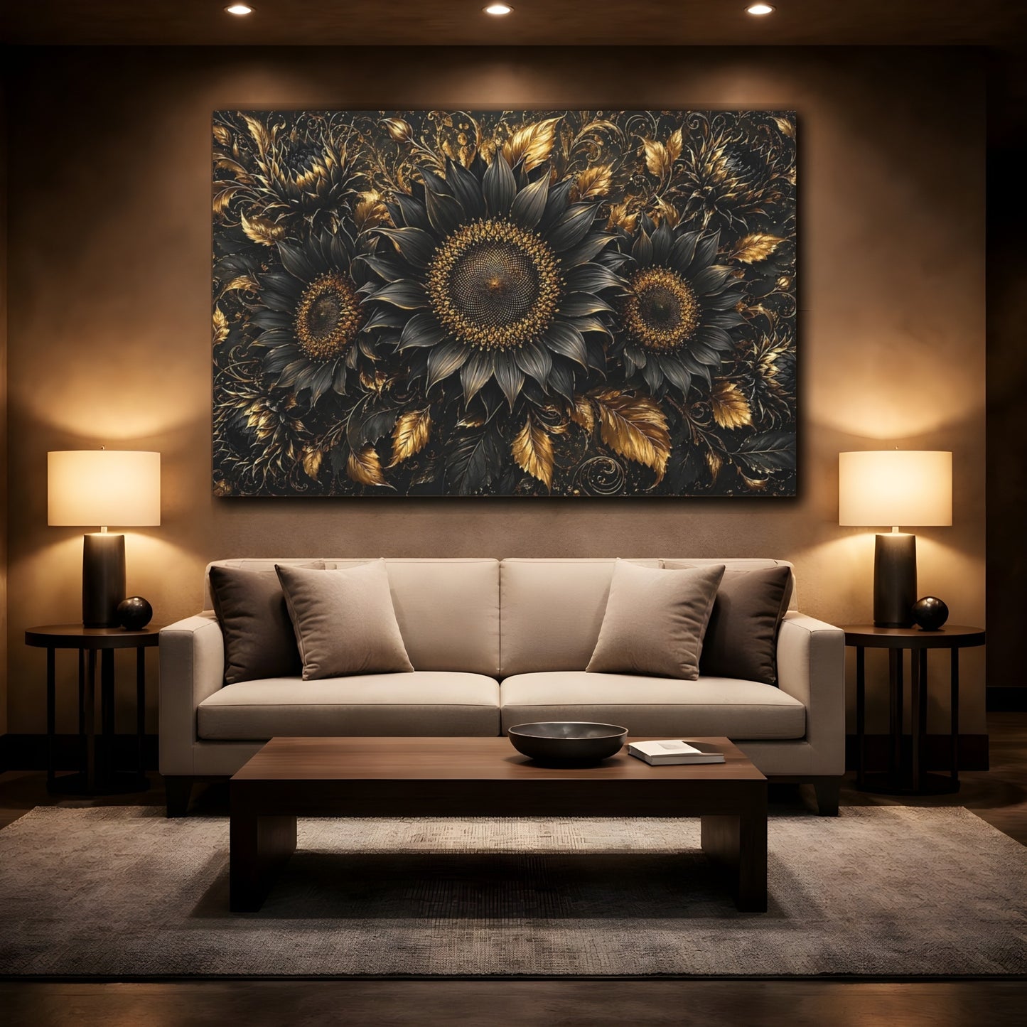 Mockup 2. Floral Sunflowers Black And Gold shown as stretched canvas wall art