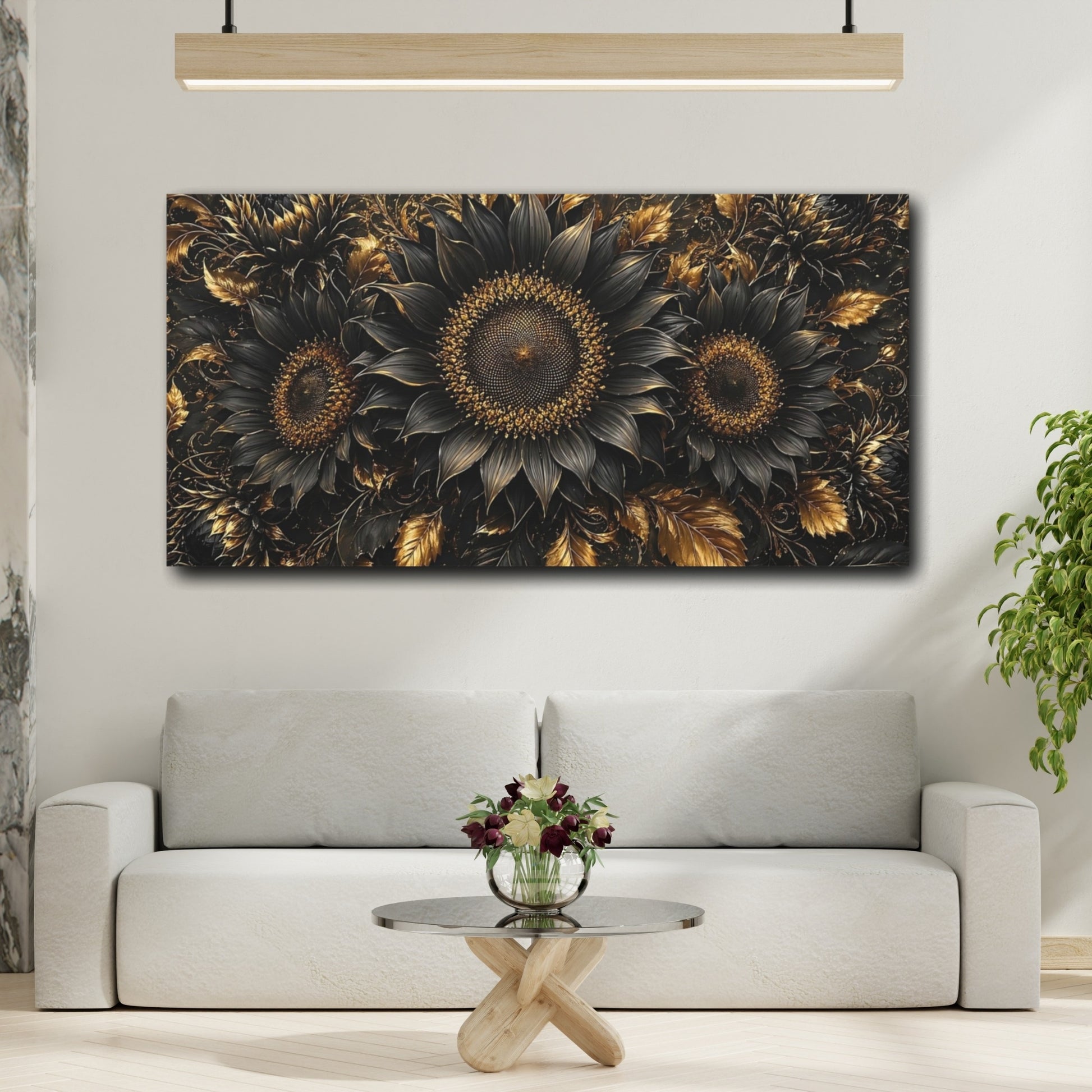 Mockup 3. Floral Sunflowers Black And Gold shown as stretched canvas wall art