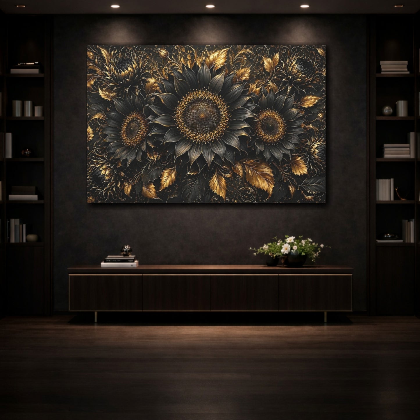 Mockup 3. Floral Sunflowers Black And Gold shown as stretched canvas wall art
