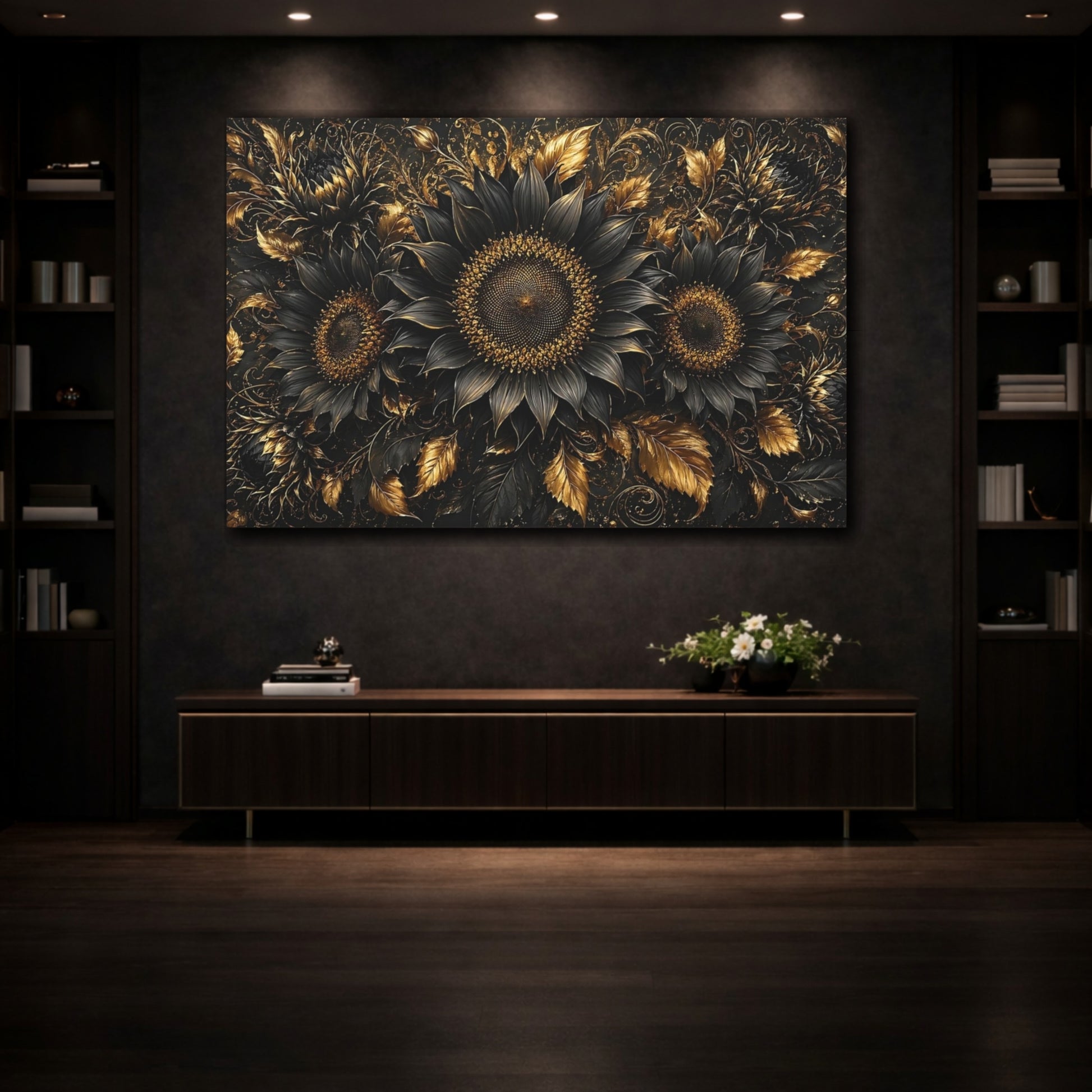 Mockup 3. Floral Sunflowers Black And Gold shown as stretched canvas wall art