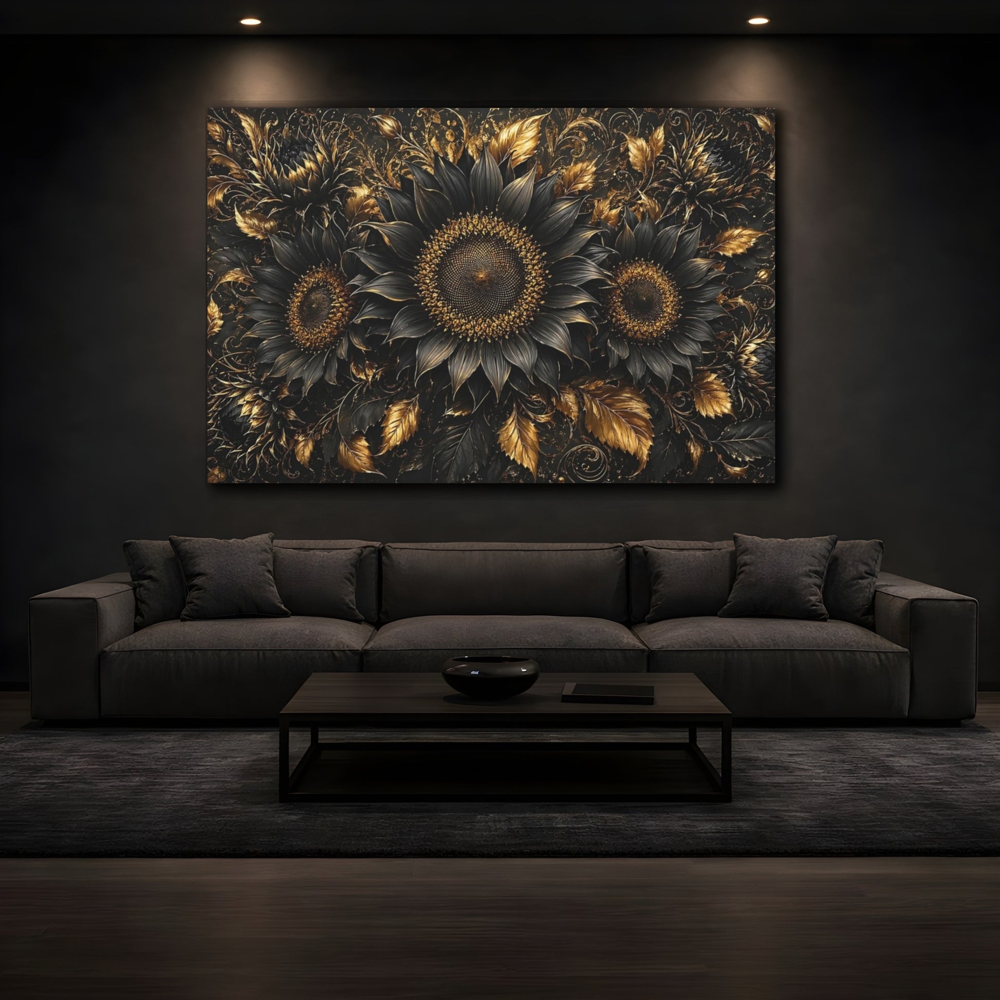 Mockup 4. Floral Sunflowers Black And Gold shown as stretched canvas wall art