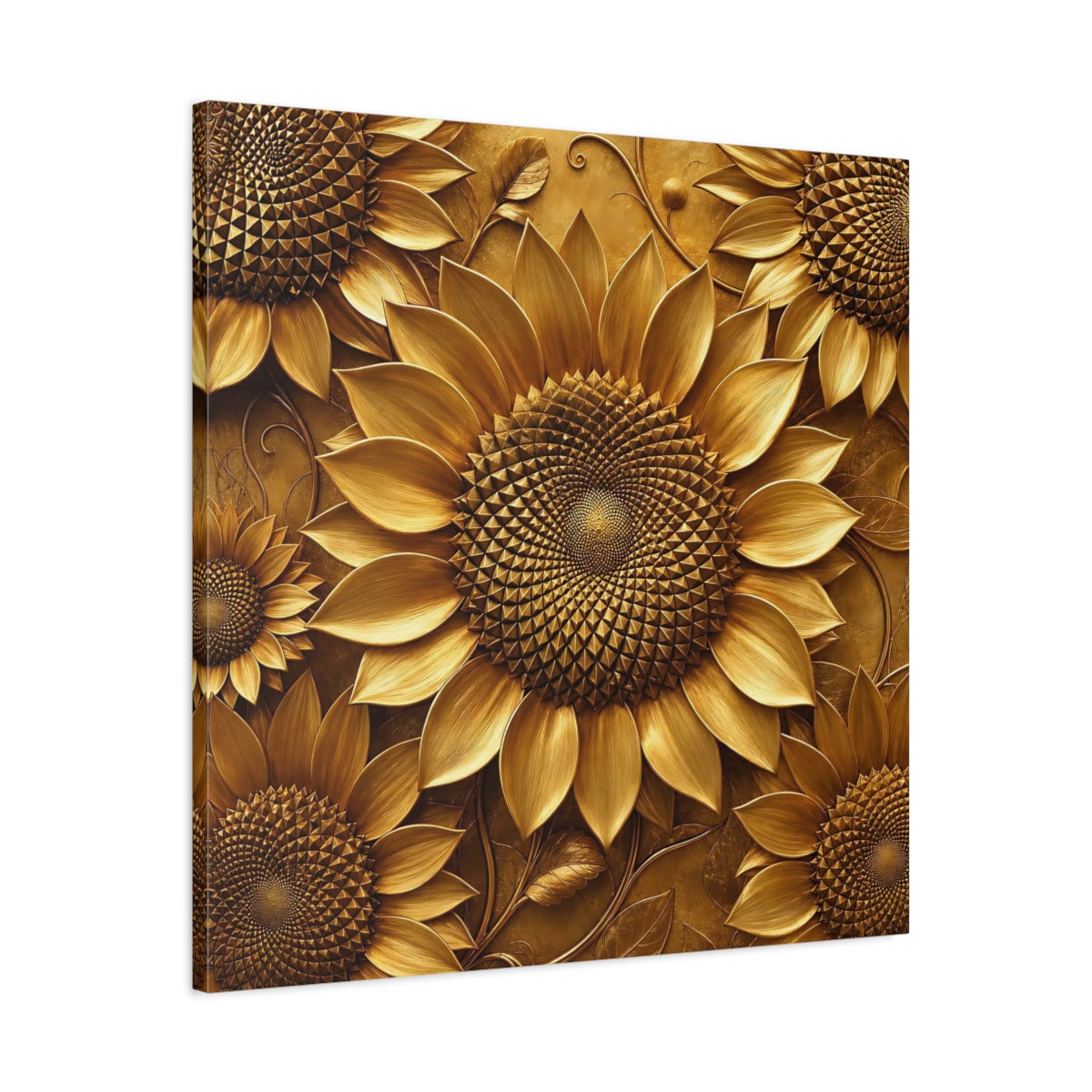 Side Mockup 3. Floral Sunflowers Golden Sunflowers shown as stretched canvas wall art
