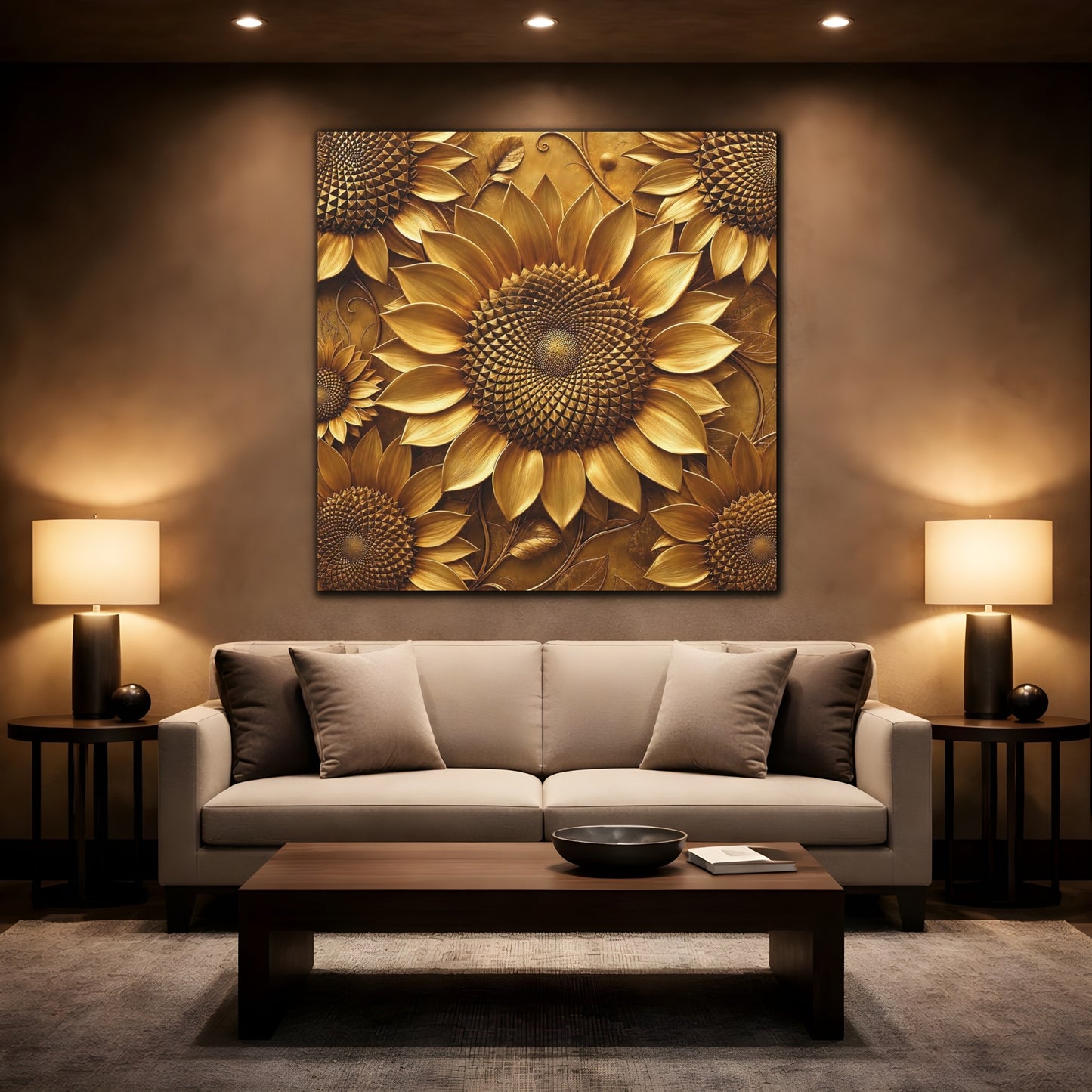 Mockup 2. Floral Sunflowers Golden Sunflowers shown as stretched canvas wall art