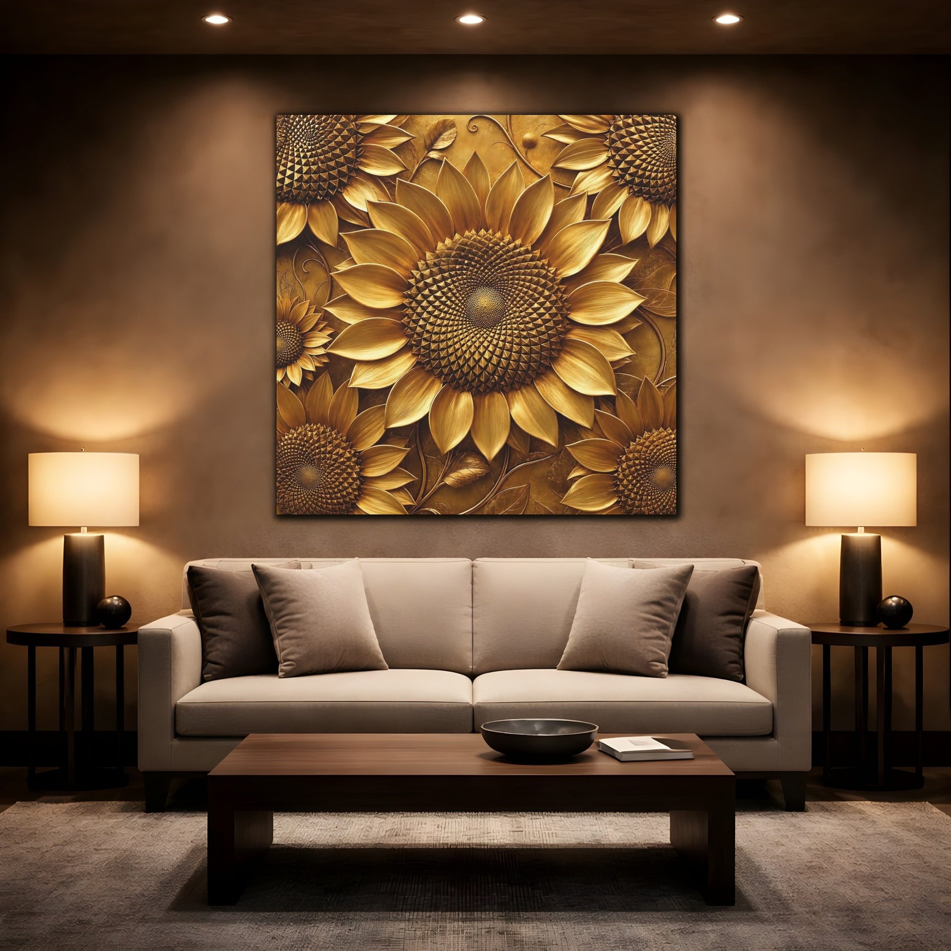 Mockup 2. Floral Sunflowers Golden Sunflowers shown as stretched canvas wall art