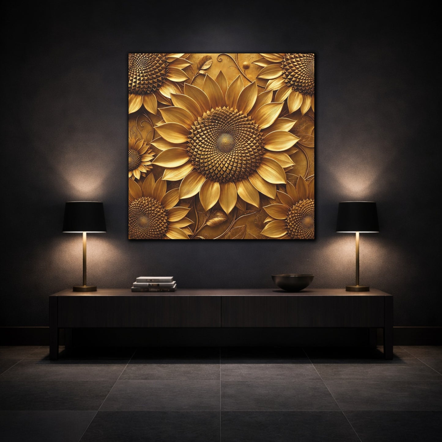 Mockup 3. Floral Sunflowers Golden Sunflowers shown as stretched canvas wall art