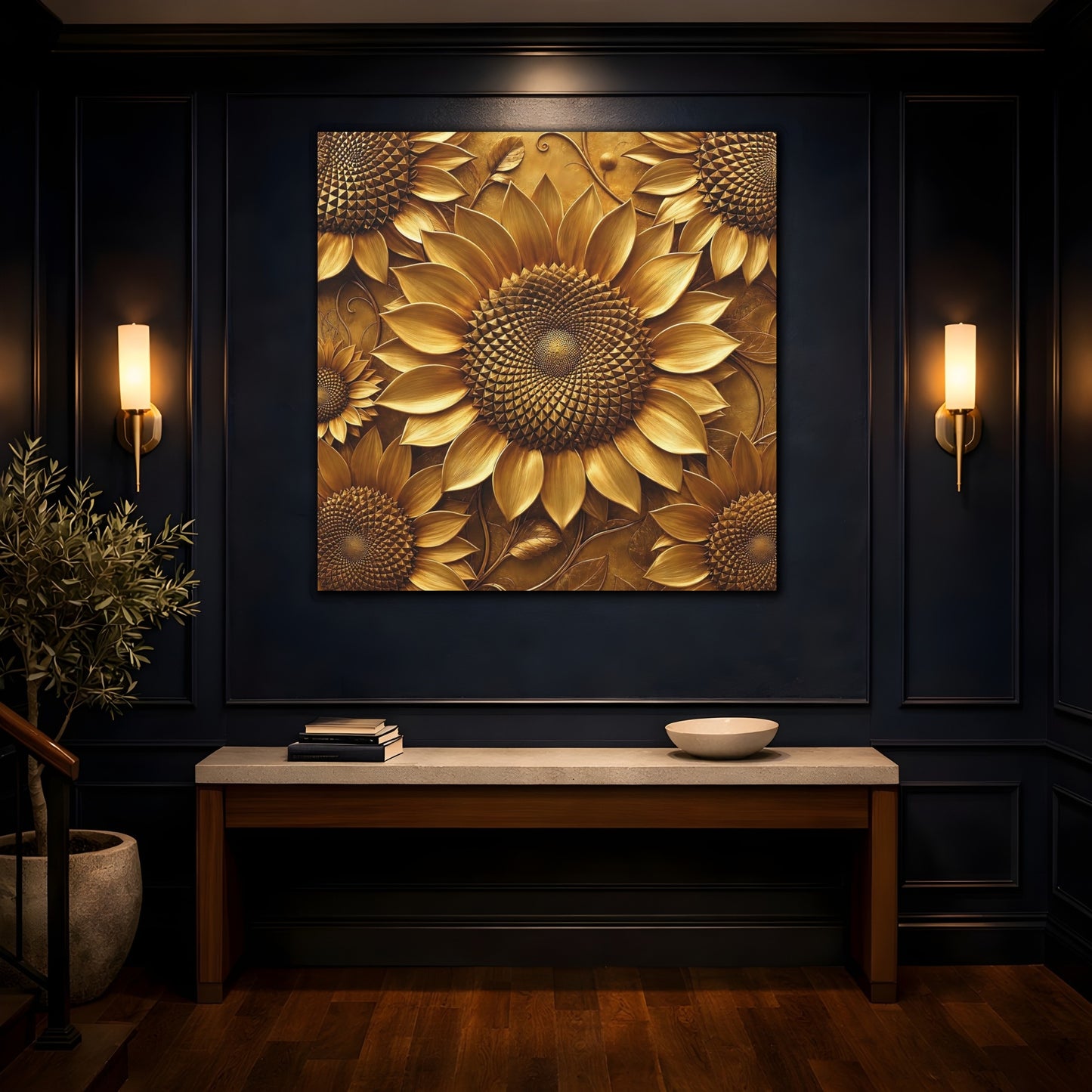 Mockup 4. Floral Sunflowers Golden Sunflowers shown as stretched canvas wall art