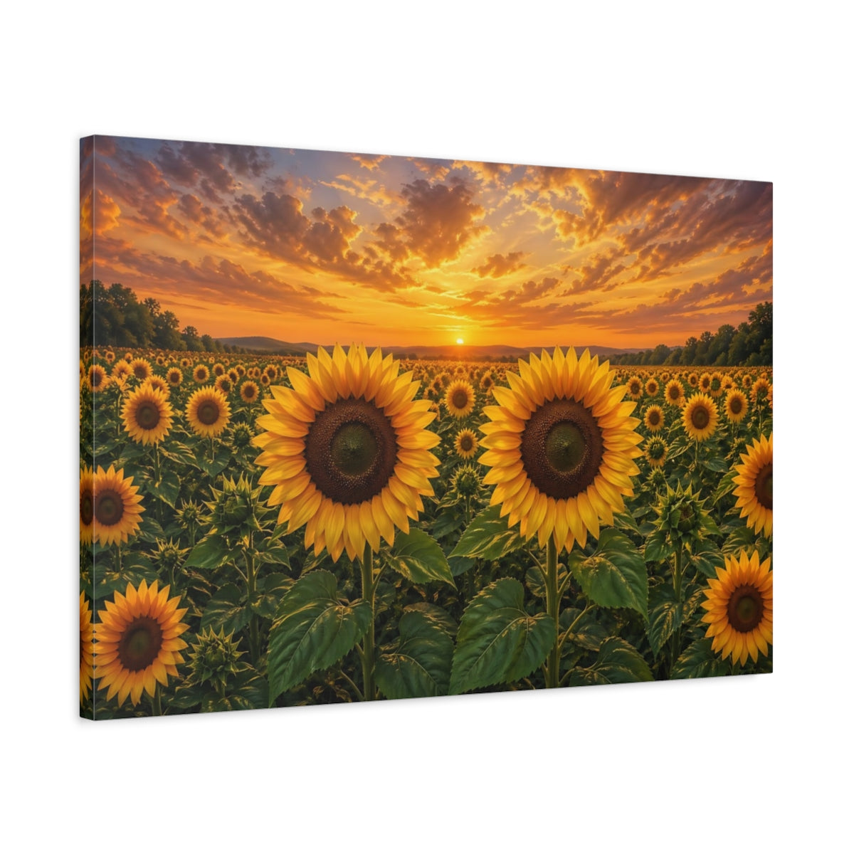 Side Mockup 2. Floral Sunflowers Yellow And Orange shown as stretched canvas wall art