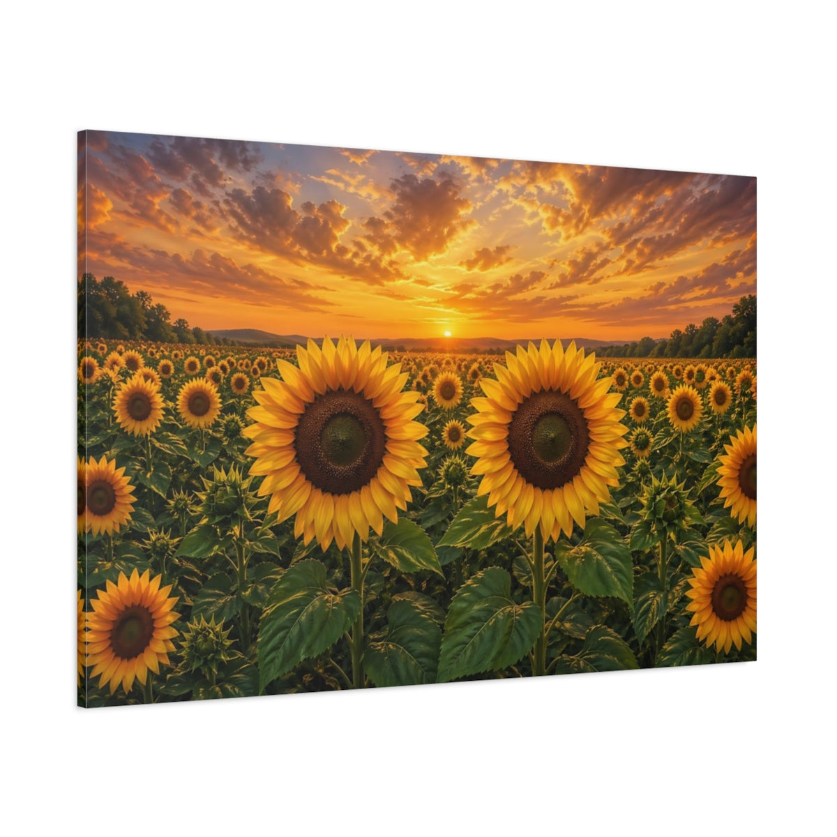 Side Mockup 1. Floral Sunflowers Yellow And Orange shown as stretched canvas wall art