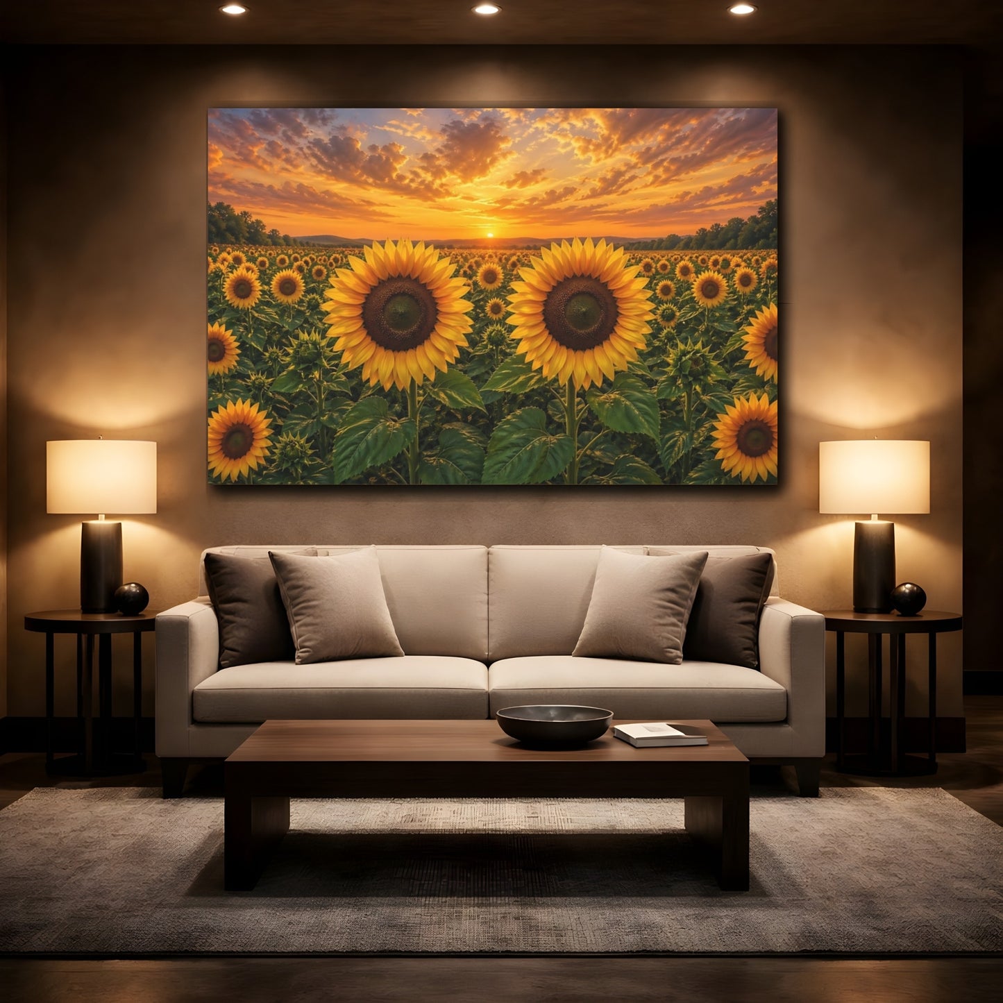 Mockup 2. Floral Sunflowers Yellow And Orange shown as stretched canvas wall art