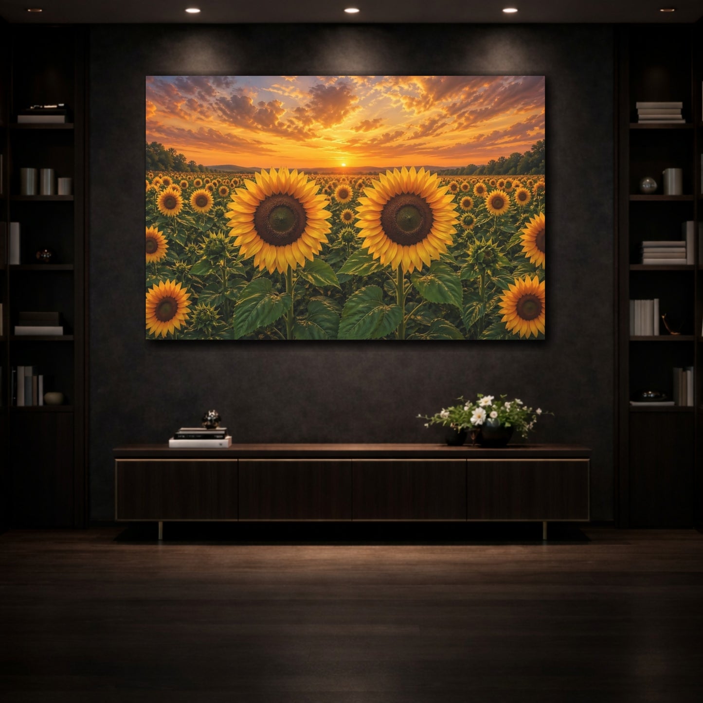 Mockup 3. Floral Sunflowers Yellow And Orange shown as stretched canvas wall art