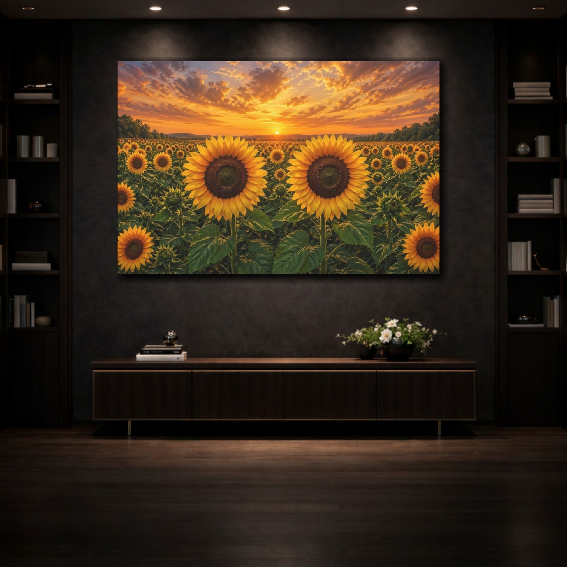 Mockup 3. Floral Sunflowers Yellow And Orange shown as stretched canvas wall art