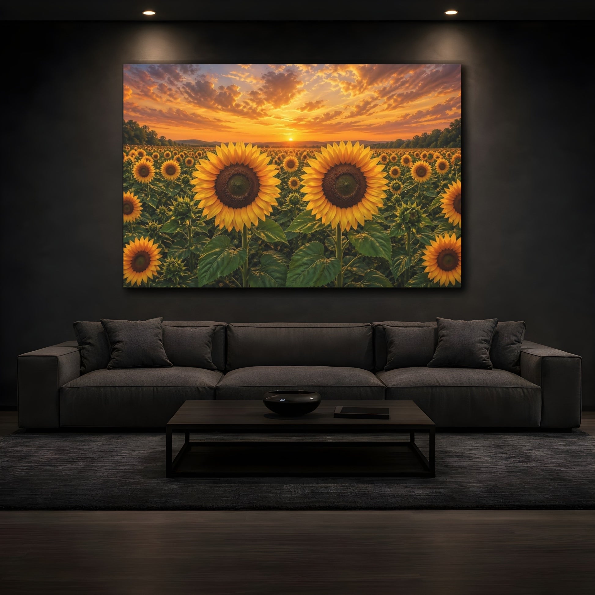 Mockup 4. Floral Sunflowers Yellow And Orange shown as stretched canvas wall art