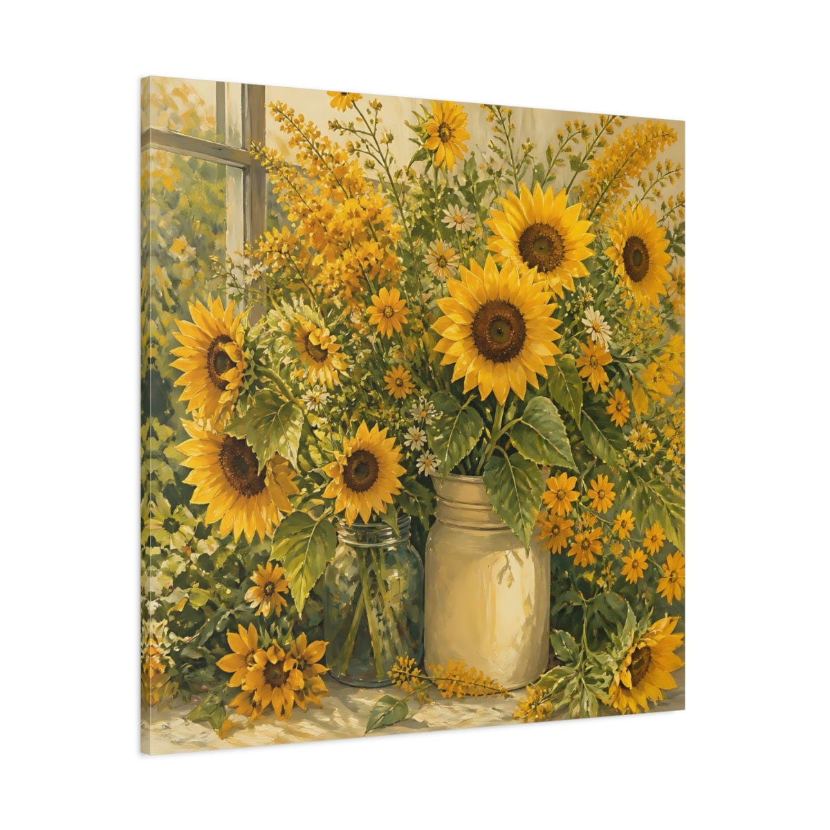 Side Mockup 1. Floral Sunflowers Yellow Sunflowers shown as stretched canvas wall art