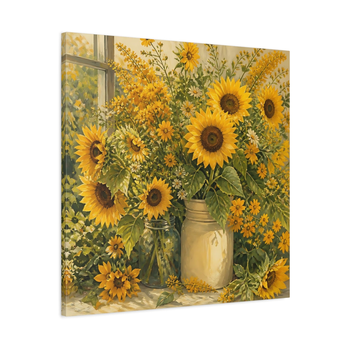 Side Mockup 3. Floral Sunflowers Yellow Sunflowers shown as stretched canvas wall art