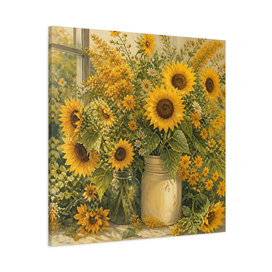 Main Mockup. Floral Sunflowers Yellow Sunflowers shown as stretched canvas wall art