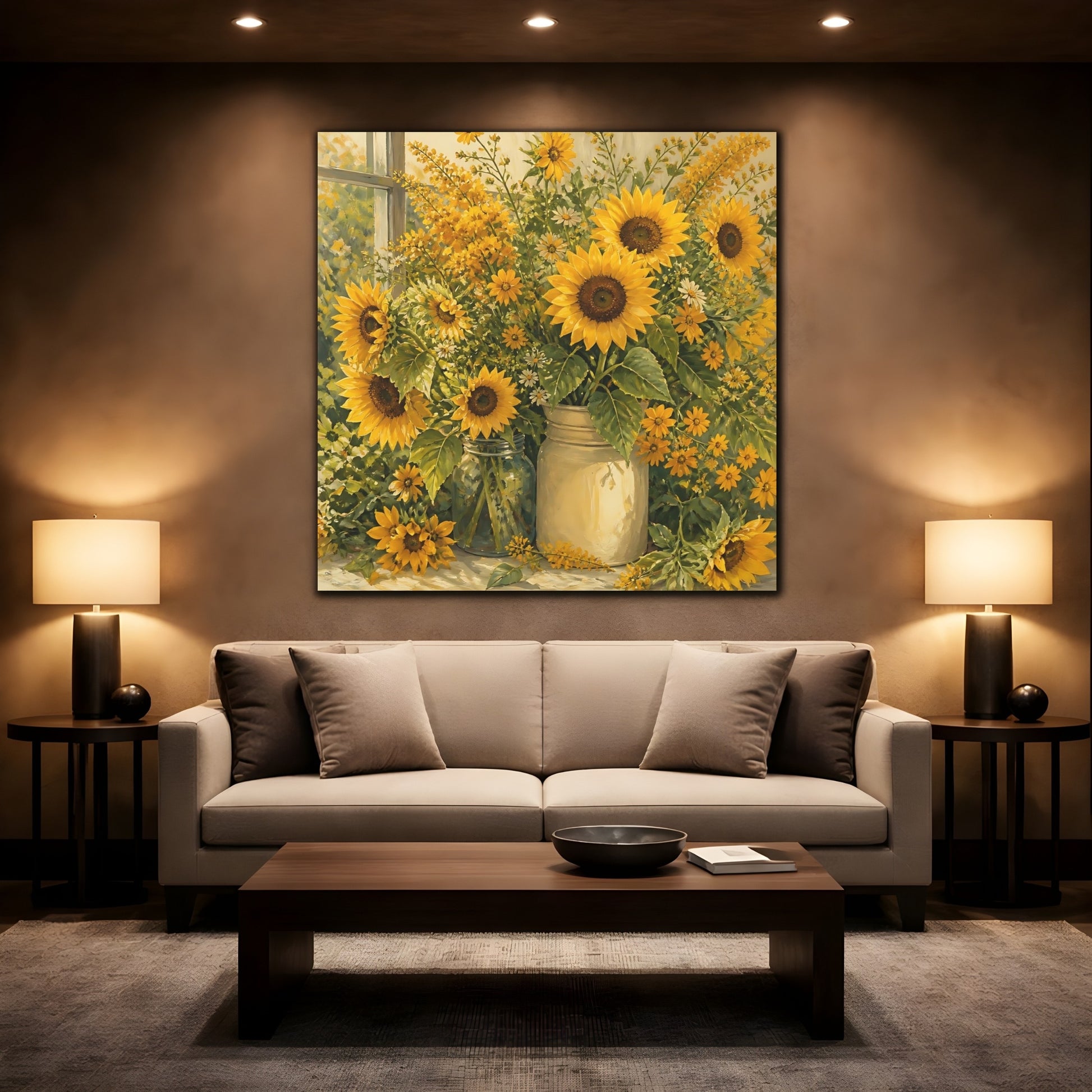 Mockup 2. Floral Sunflowers Yellow Sunflowers shown as stretched canvas wall art