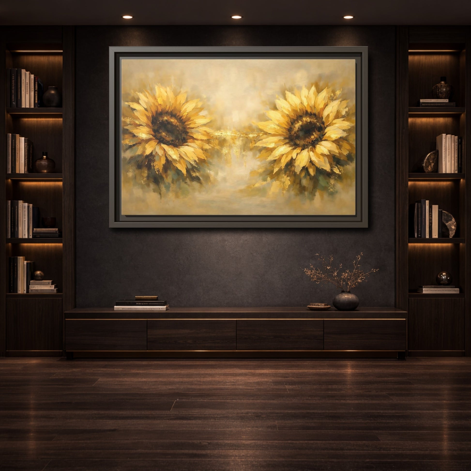 Mockup 3. Floral Sunflowers Yellow Sunflowers shown as stretched canvas wall art