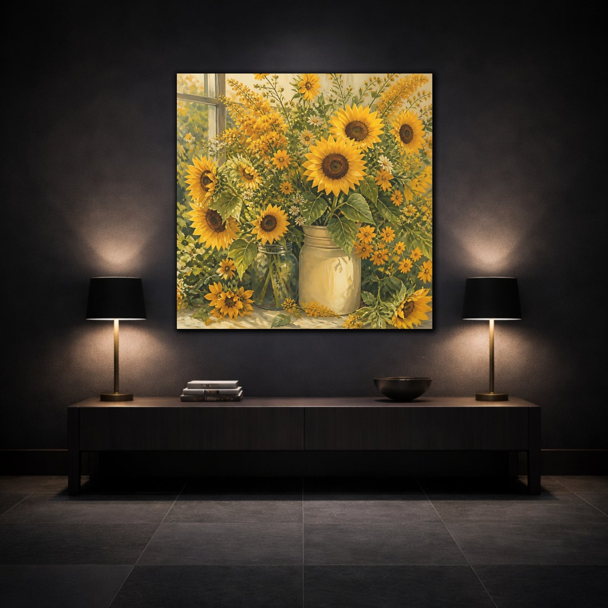Mockup 3. Floral Sunflowers Yellow Sunflowers shown as stretched canvas wall art