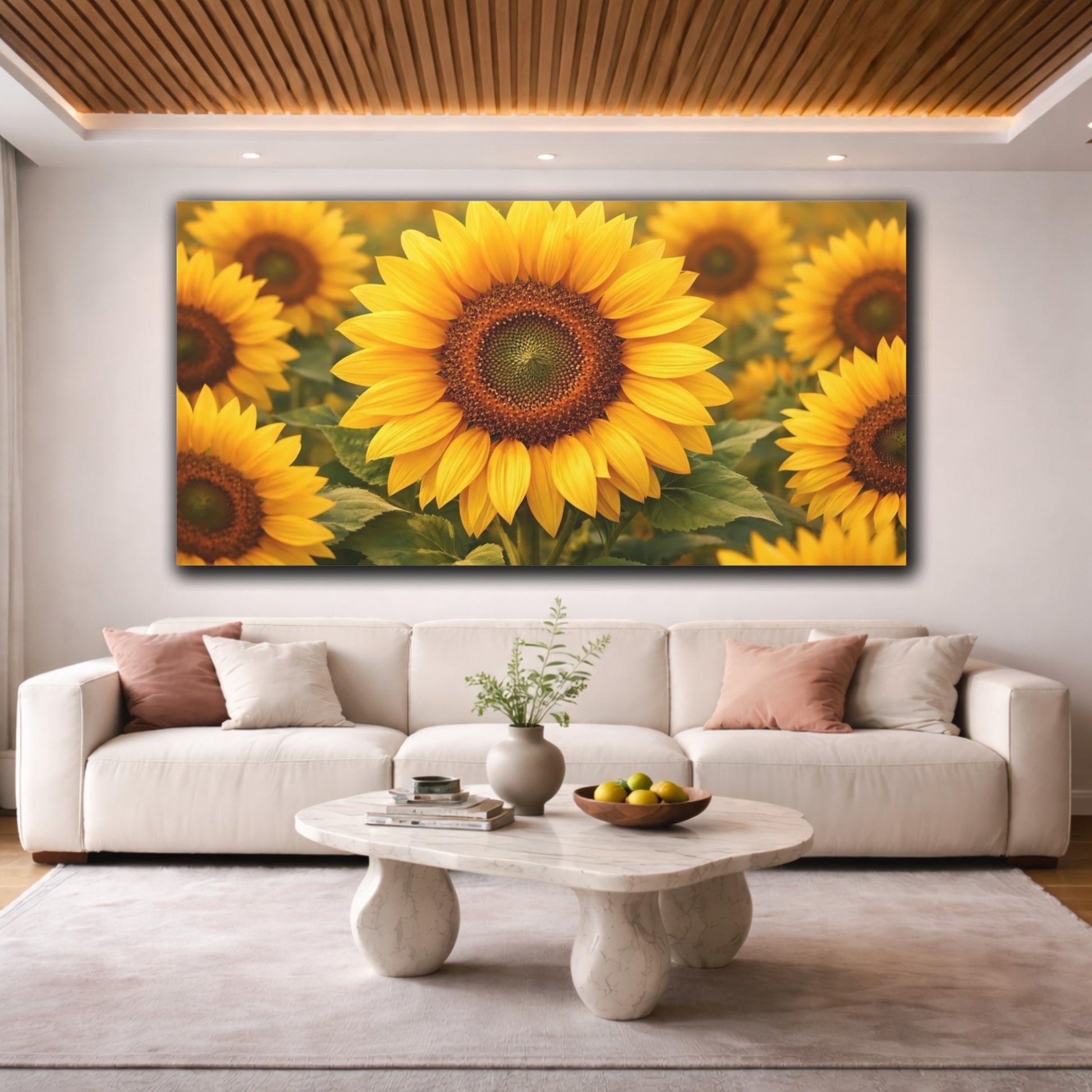 Mockup 3. Floral Sunflowers Yellow Sunflowers shown as stretched canvas wall art