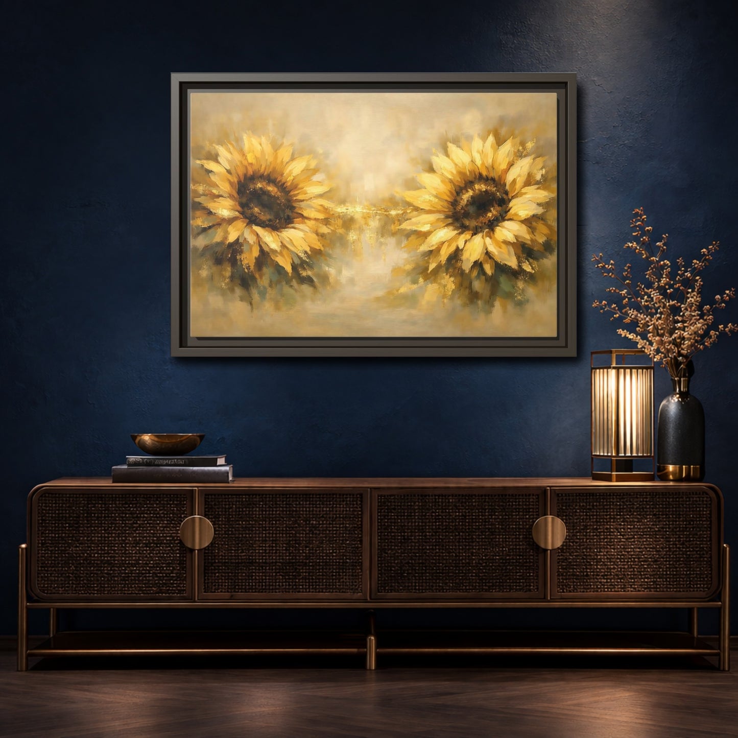 Mockup 4. Floral Sunflowers Yellow Sunflowers shown as stretched canvas wall art