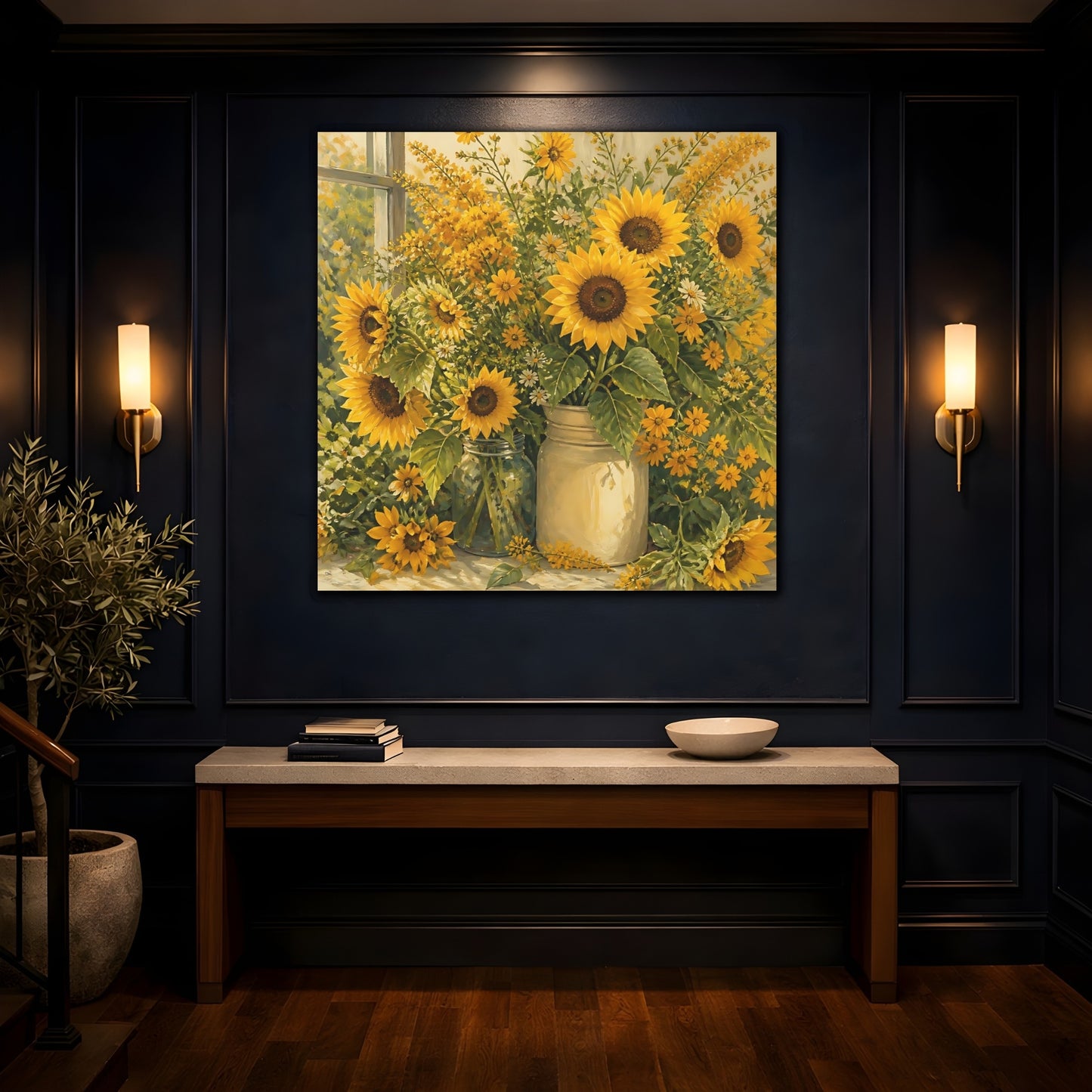 Mockup 4. Floral Sunflowers Yellow Sunflowers shown as stretched canvas wall art