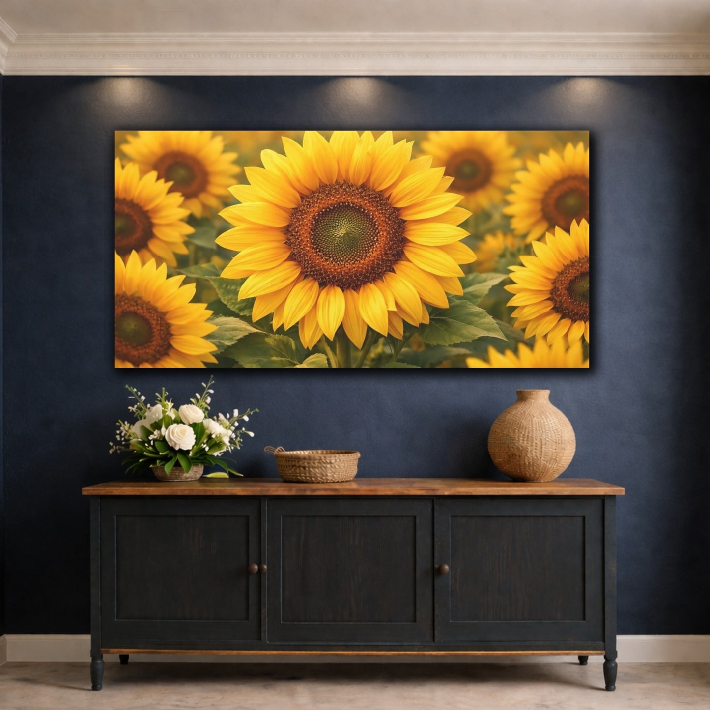 Mockup 4. Floral Sunflowers Yellow Sunflowers shown as stretched canvas wall art