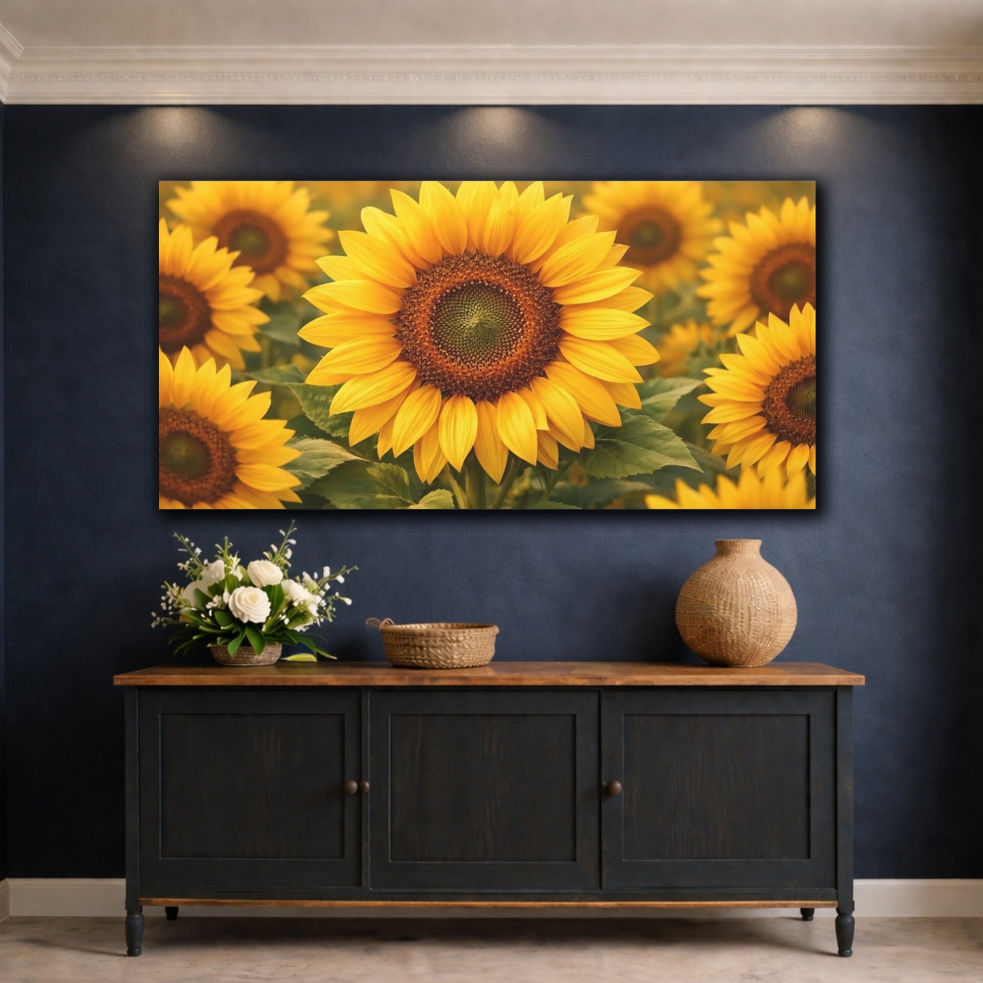 Mockup 4. Floral Sunflowers Yellow Sunflowers shown as stretched canvas wall art