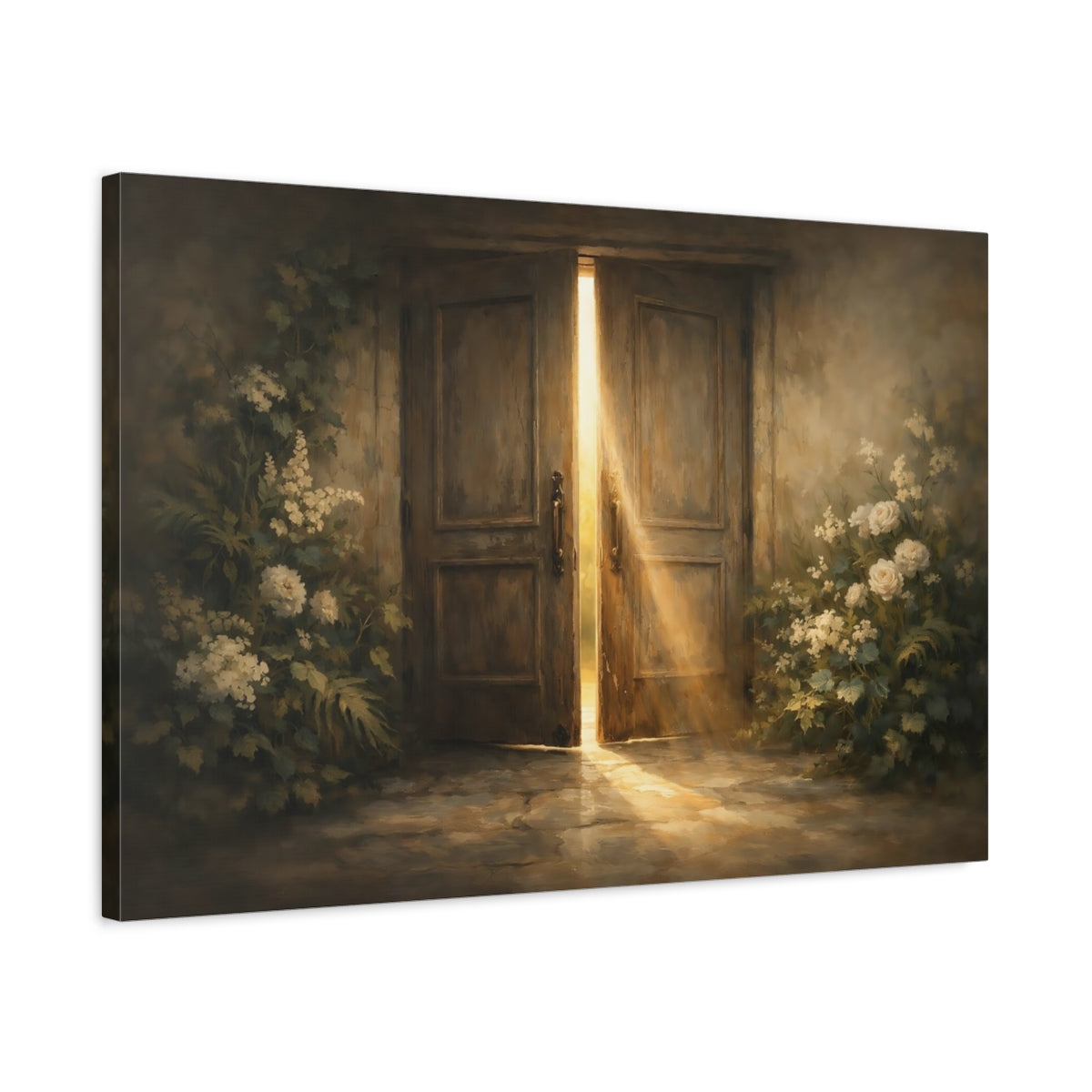 Side Mockup 2. Floral Sunlit Door Brown And Gold shown as stretched canvas wall art