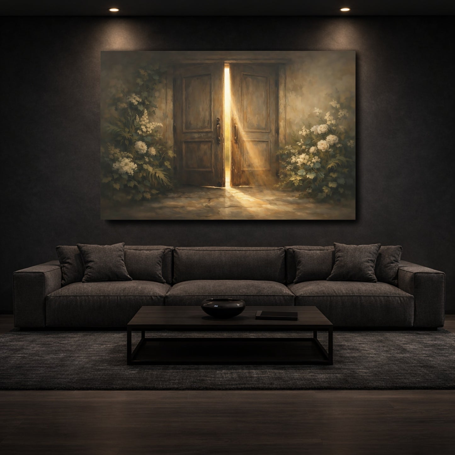 Mockup 2. Floral Sunlit Door Brown And Gold shown as stretched canvas wall art