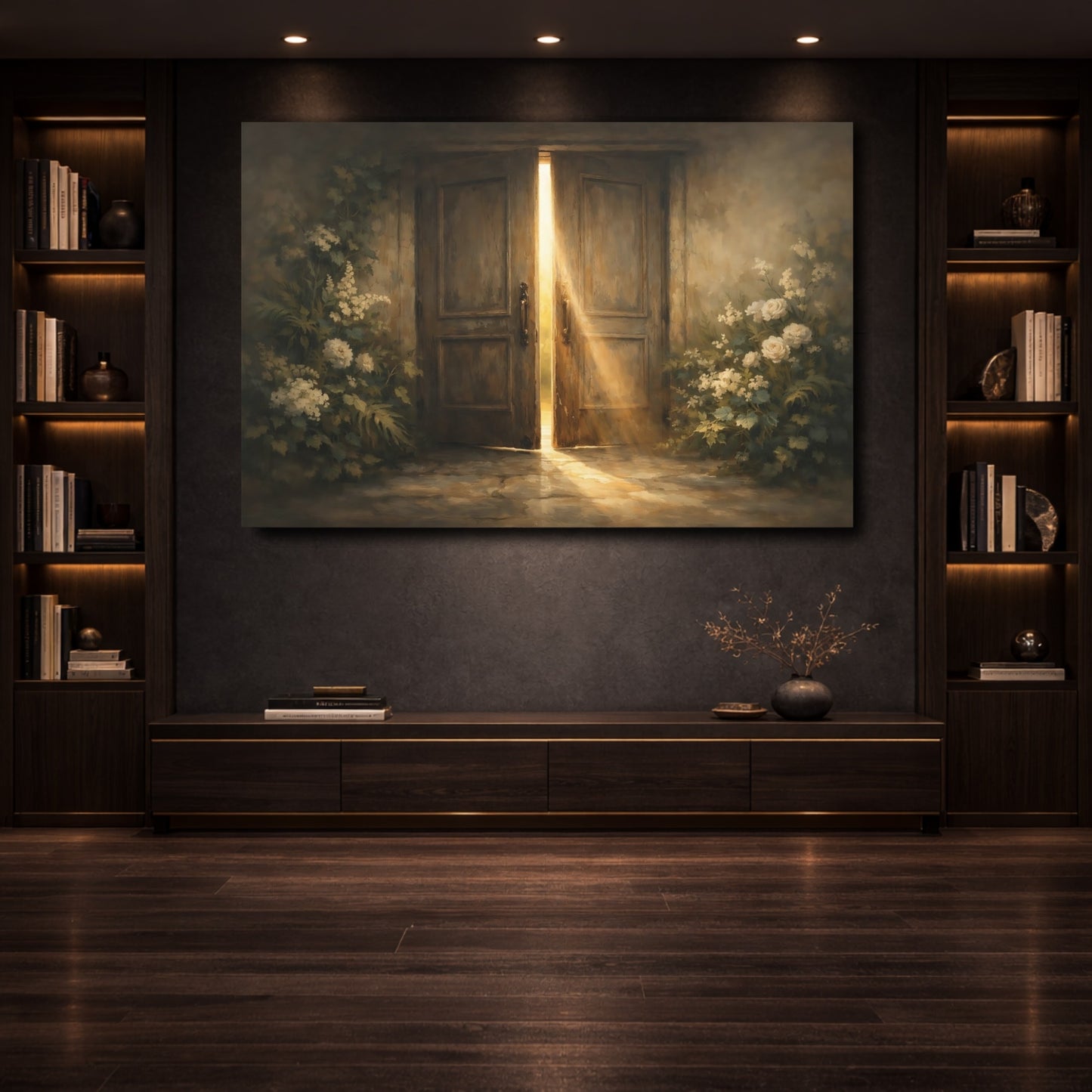 Mockup 3. Floral Sunlit Door Brown And Gold shown as stretched canvas wall art