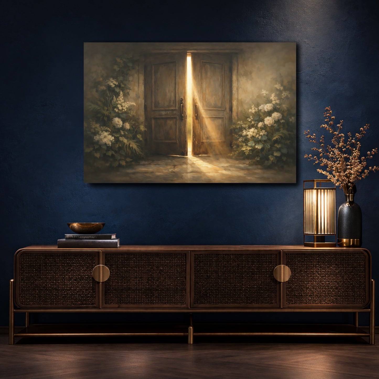 Mockup 4. Floral Sunlit Door Brown And Gold shown as stretched canvas wall art