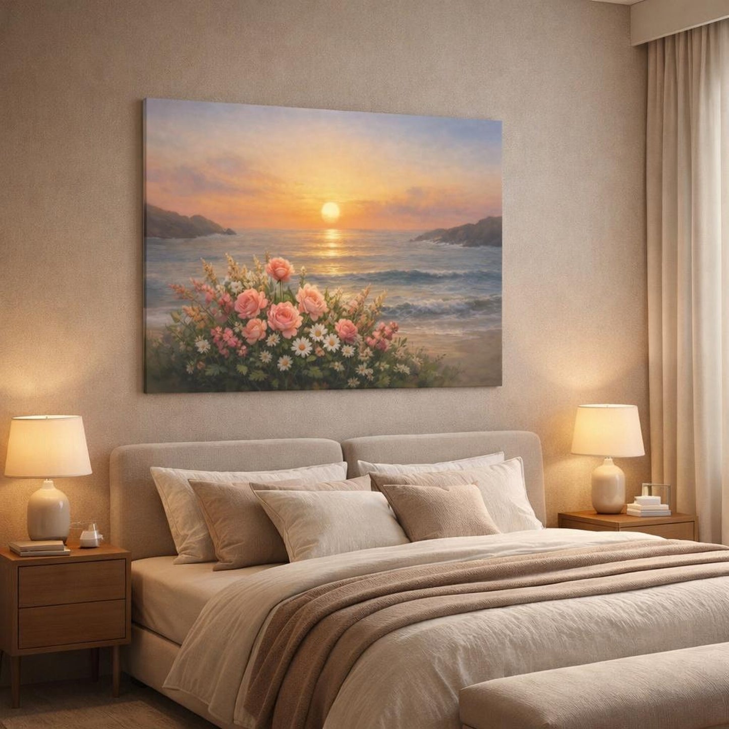 Floral Sunrise Ocean shown as canvas wall art in a luxury bedroom