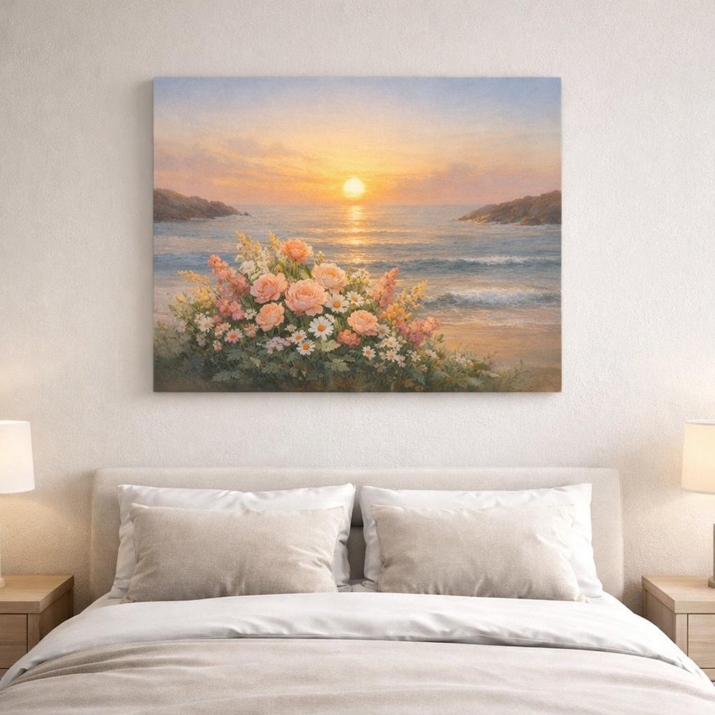 Floral Sunrise Ocean shown as canvas wall art in a refined dining room