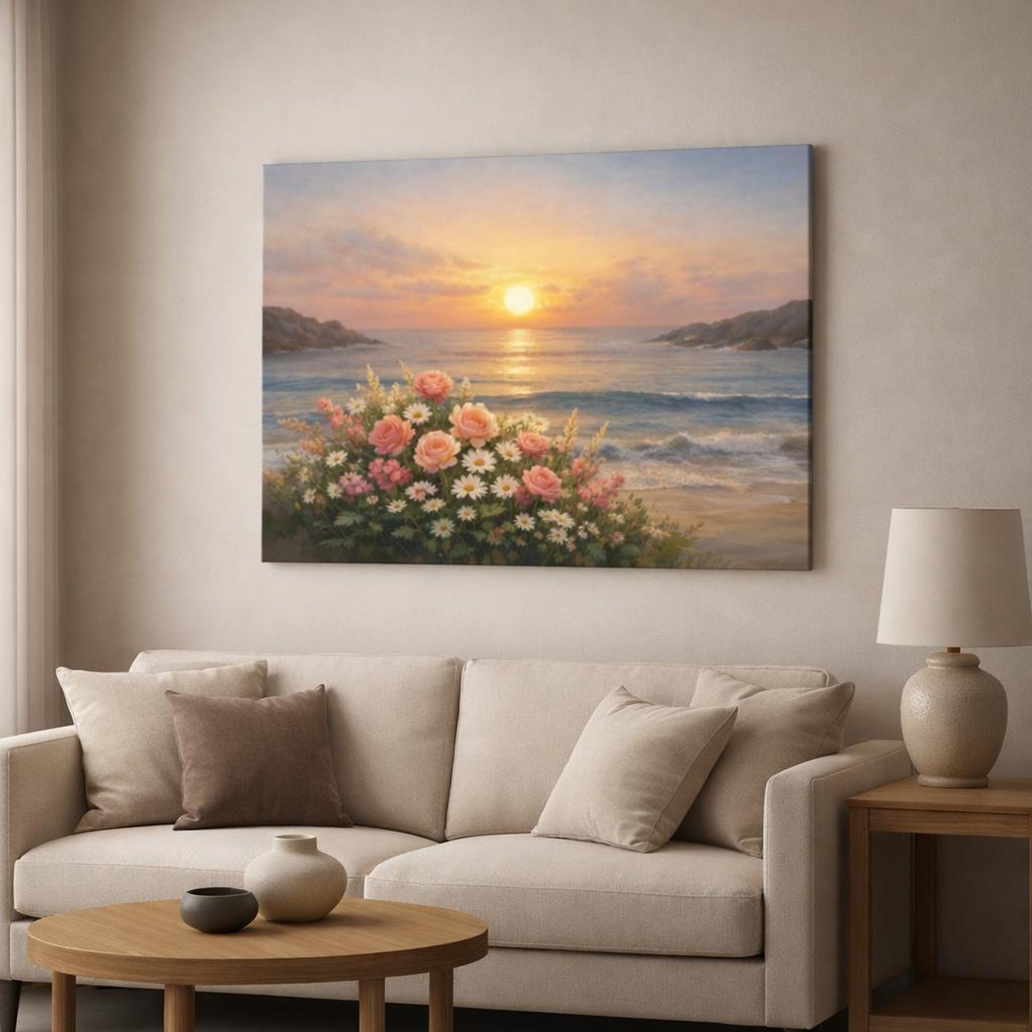 Floral Sunrise Ocean shown as canvas wall art in a modern living room