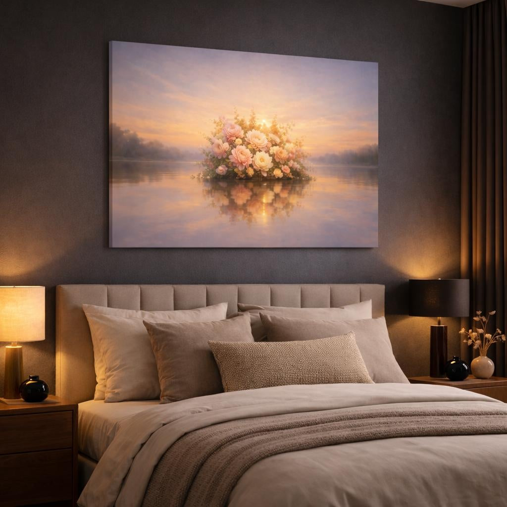 Floral Sunset Reflection shown as canvas wall art in a luxury bedroom