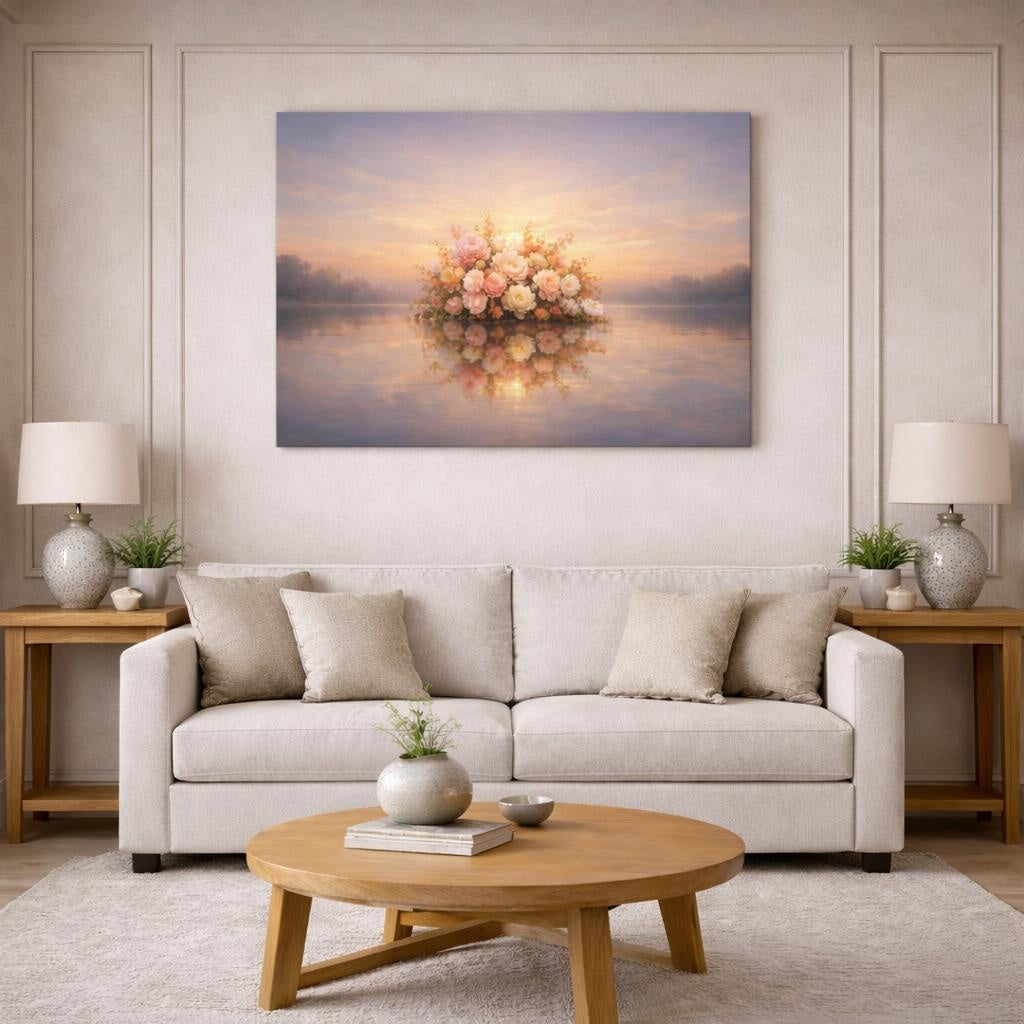 Floral Sunset Reflection shown as canvas wall art in a modern living room