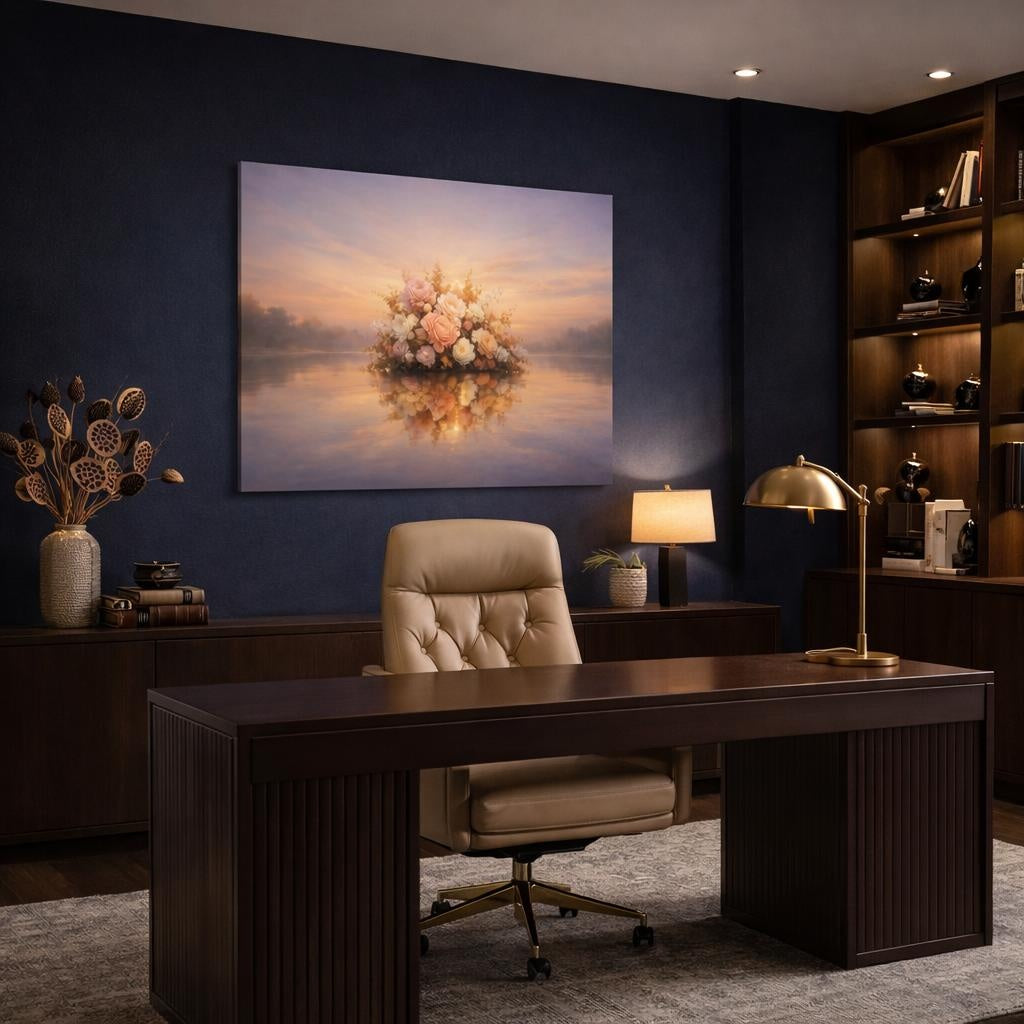 Floral Sunset Reflection shown as canvas wall art in a refined dining room