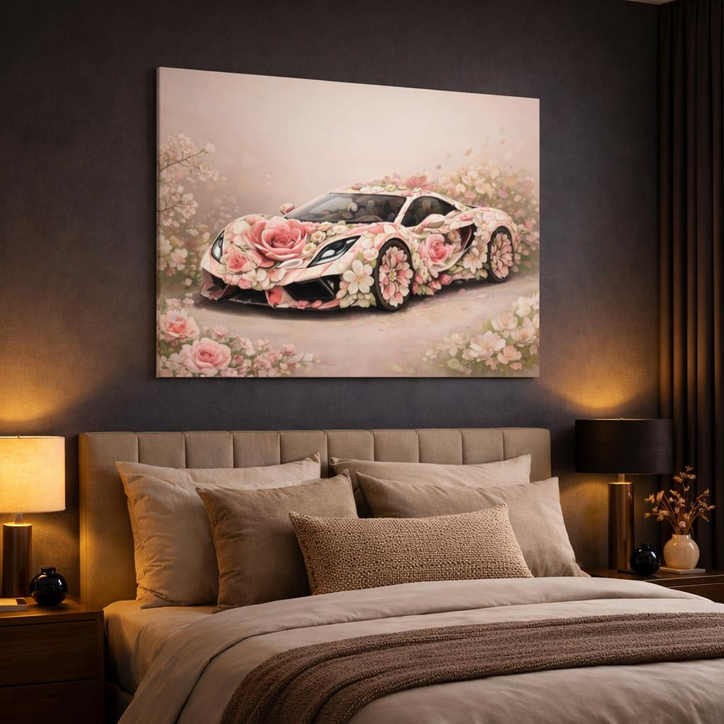 Floral Supercar shown as canvas wall art in a luxury bedroom