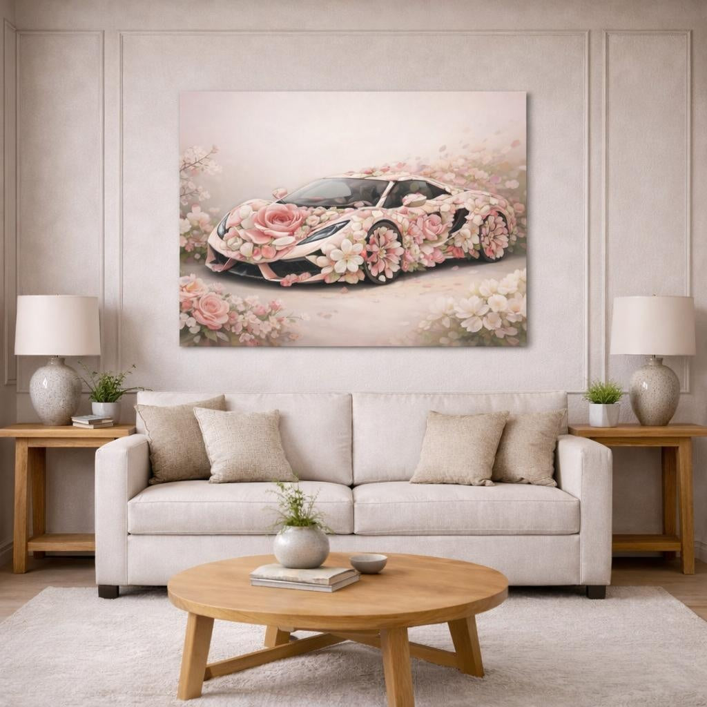 Floral Supercar shown as canvas wall art in a modern living room