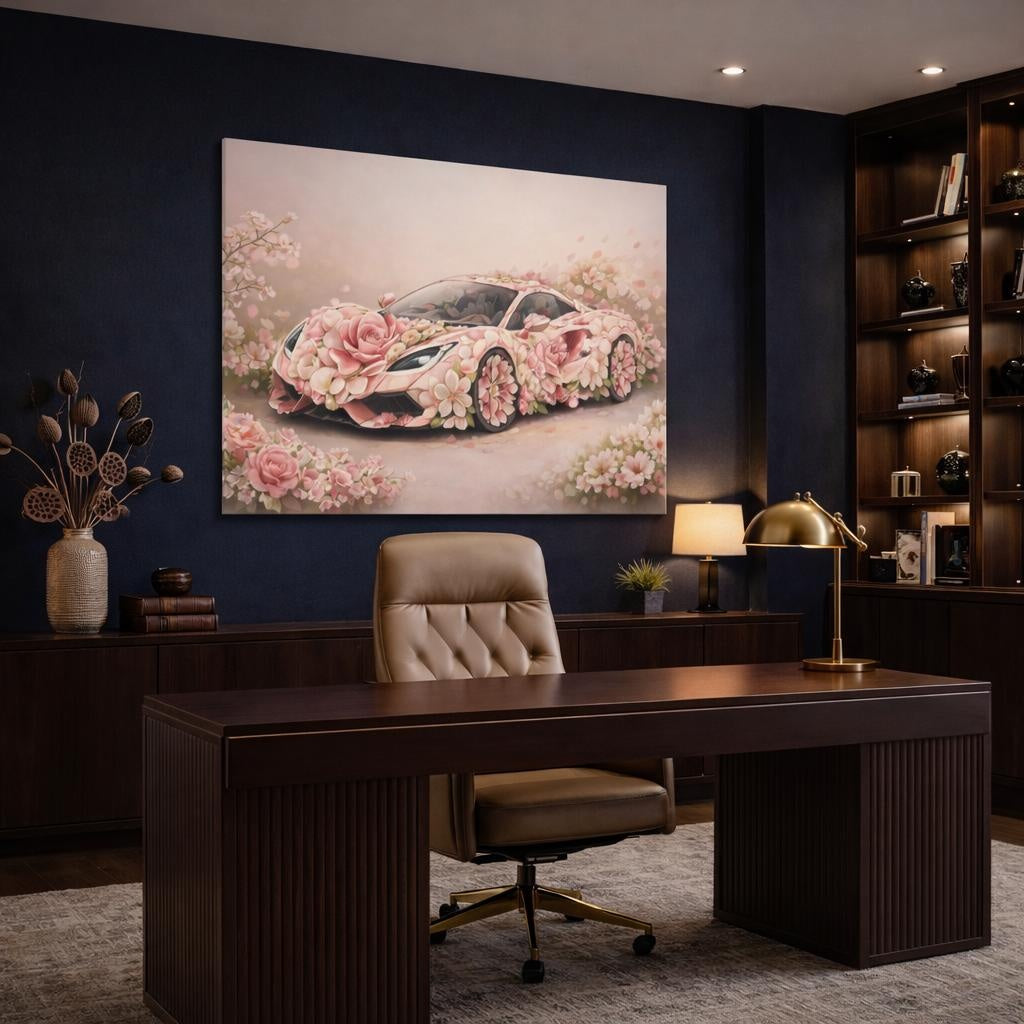 Floral Supercar shown as canvas wall art in a refined dining room