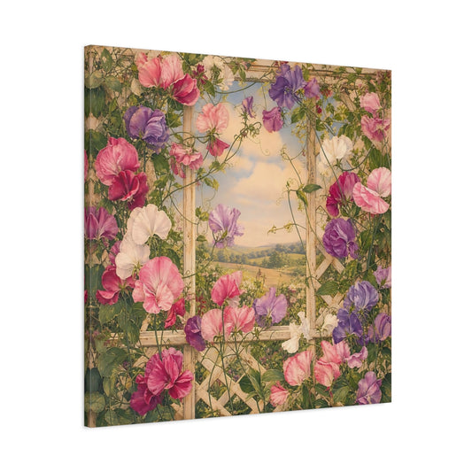 Main Mockup. Floral Sweet Peas Pink And Purple shown as stretched canvas wall art