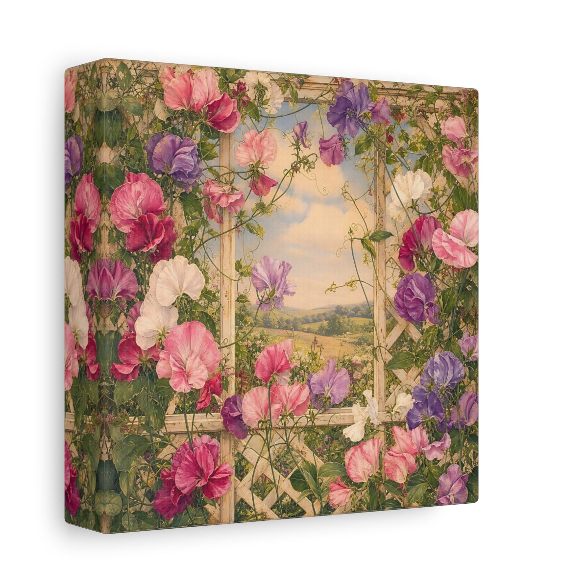 Side Mockup 2. Floral Sweet Peas Pink And Purple shown as stretched canvas wall art