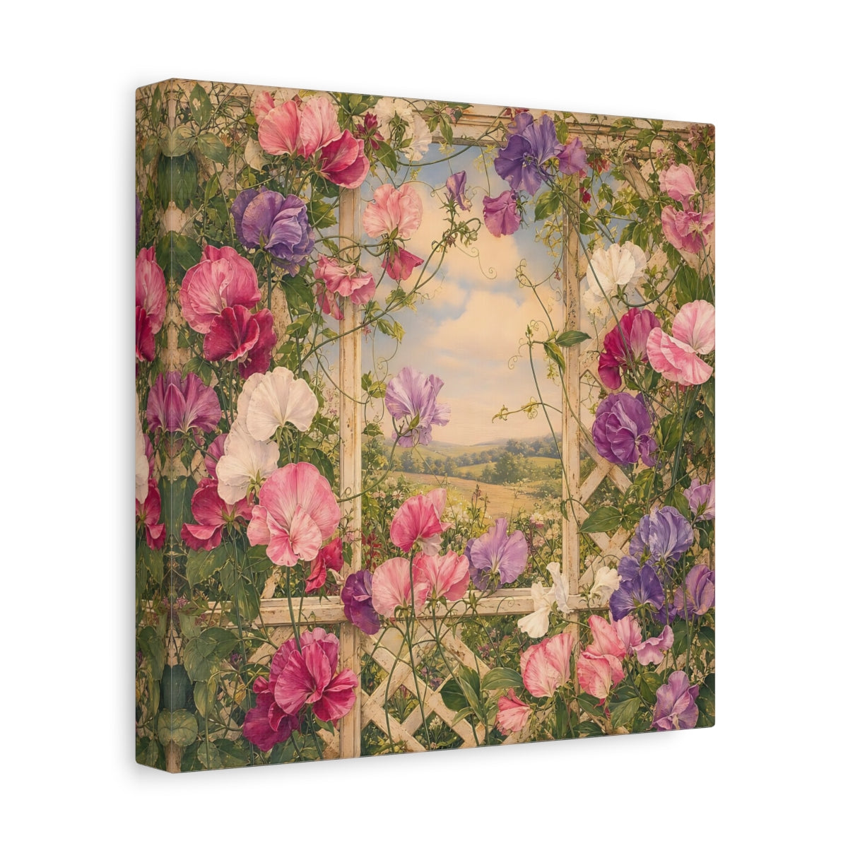 Side Mockup 9. Floral Sweet Peas Pink And Purple shown as stretched canvas wall art